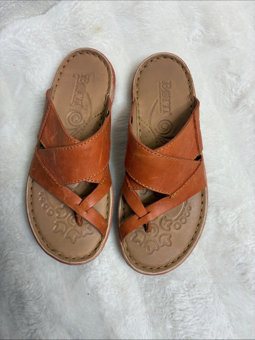 Born Brown Leather Crisscross Slide Sandals